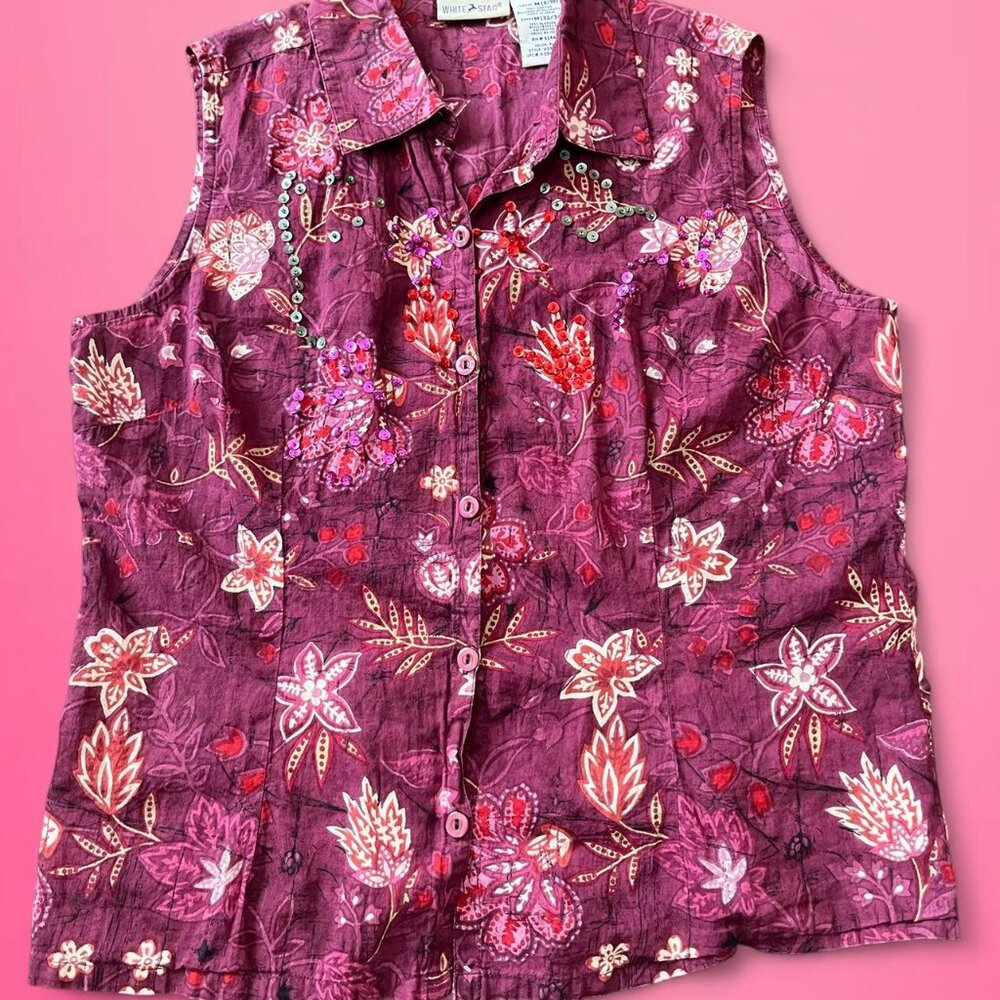 Vintage Y2K White Stag floral button blouse sequins fairycore boho